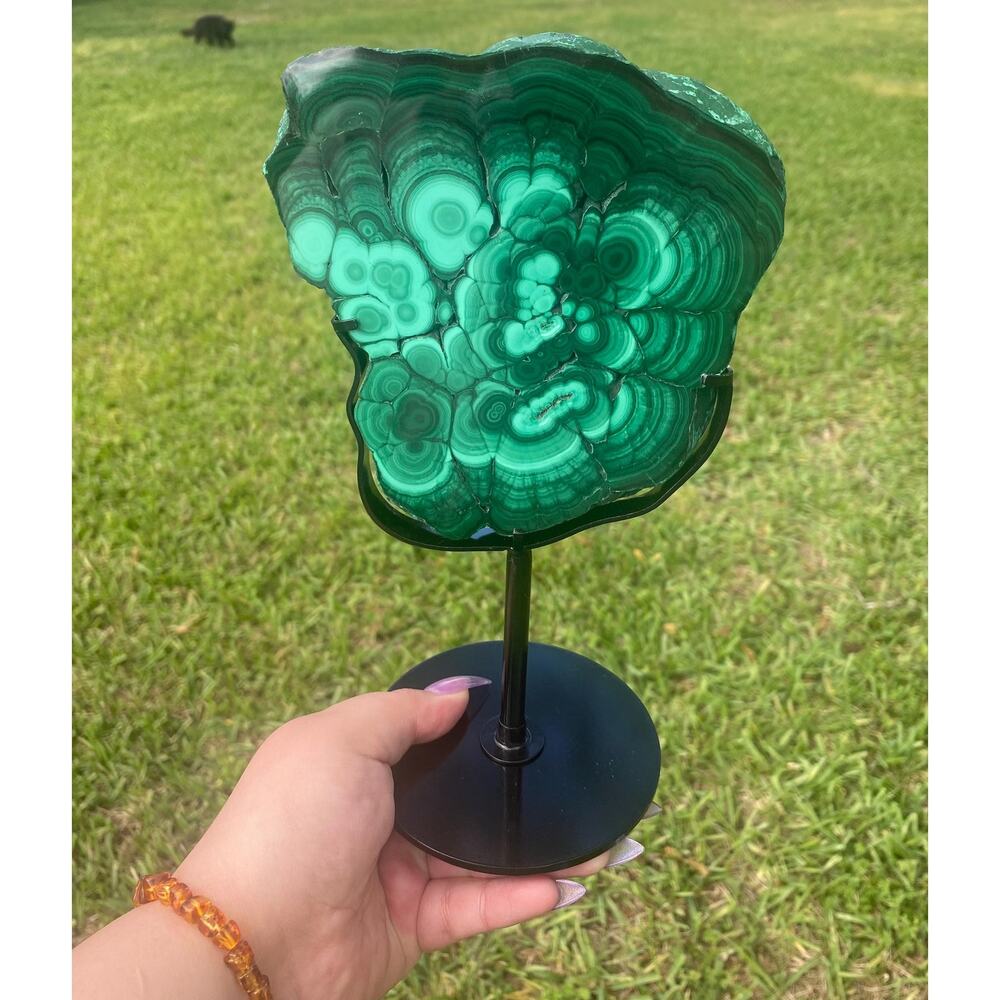 Large Vibrant Malachite Slab on Stand , 2 lbs in Weight